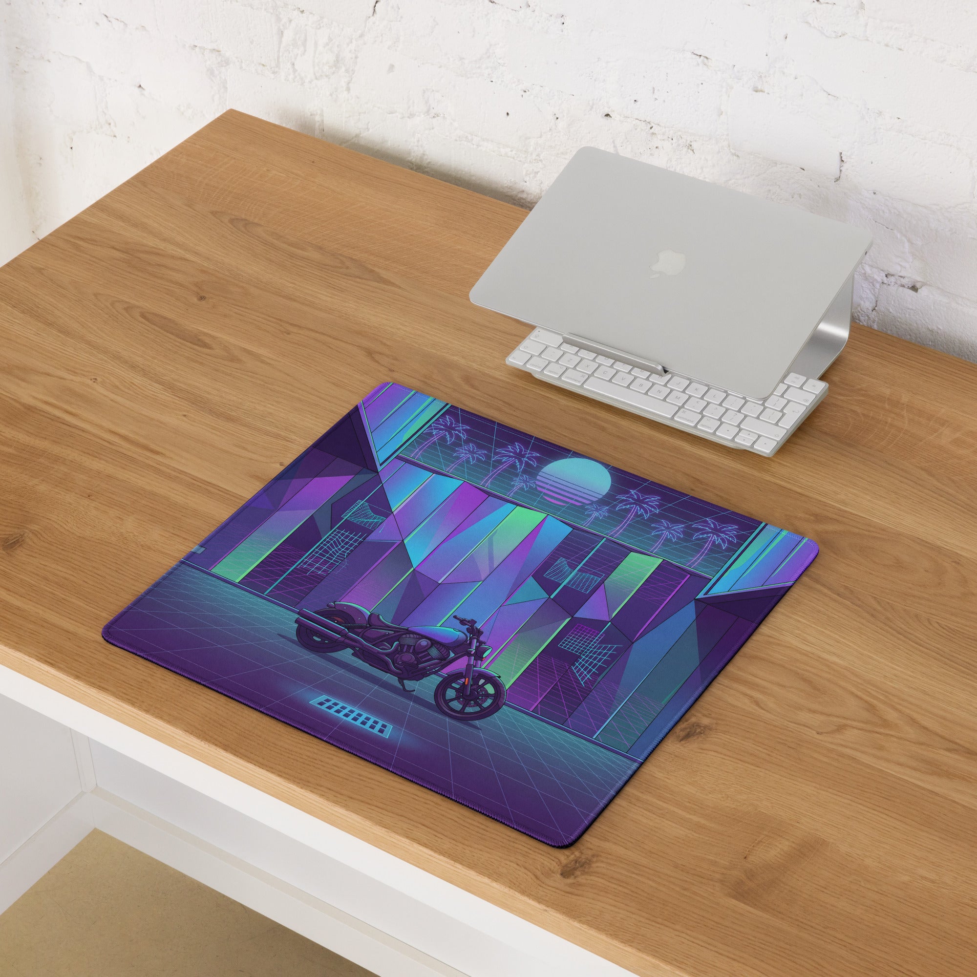 Indian Scout Bobber Inspired Purple Teal Vaporwave Gaming Mouse Pad – Neon Retro Arcade Garage Desk Mat, Futuristic Cruiser Motorcycle Digital Art