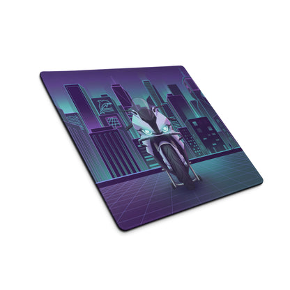 BMW S1000RR Inspired White Teal Vaporwave Gaming Mouse Pad – Neon Purple Cyber City Desk Mat, Futuristic Skyline Sportbike Digital Art