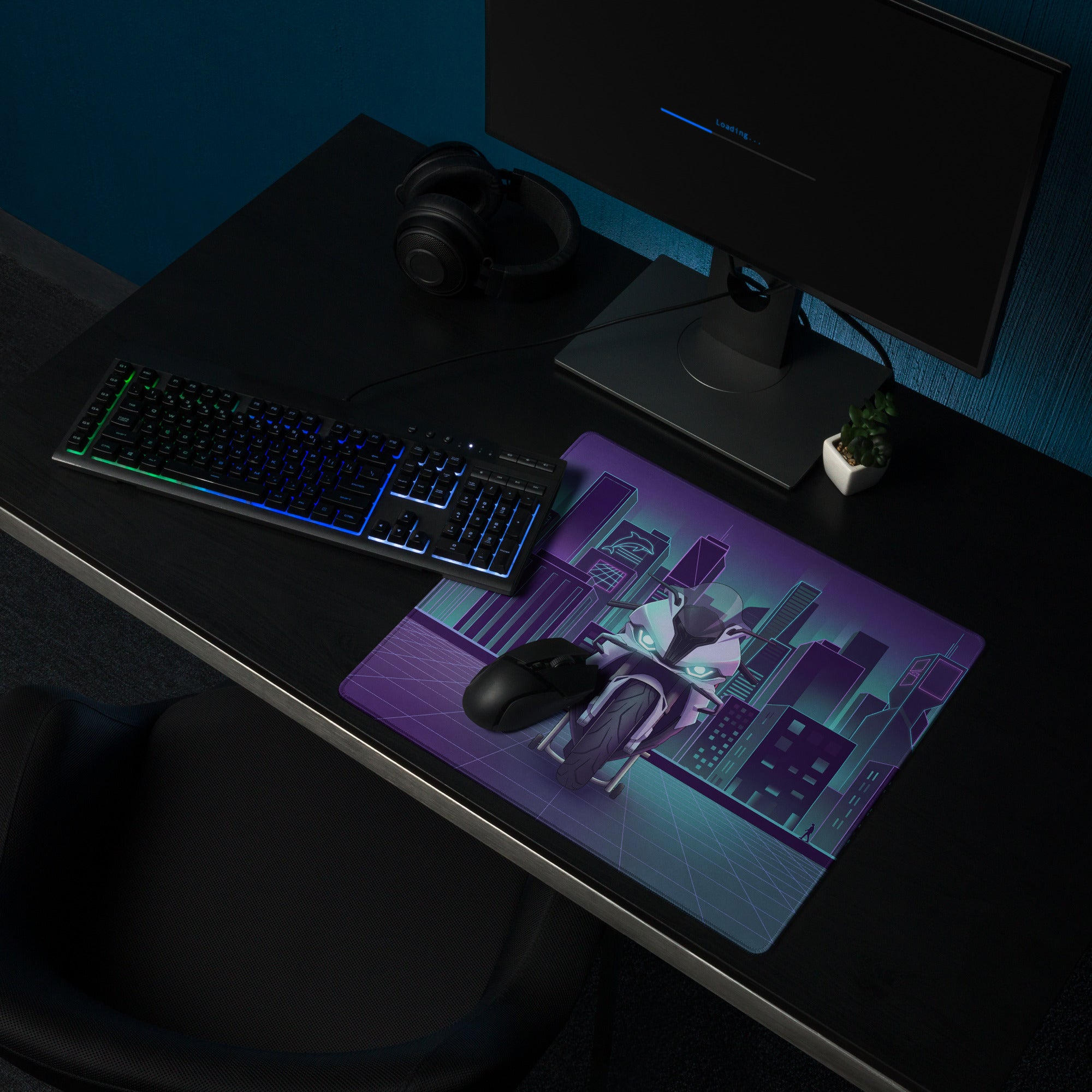 BMW S1000RR Inspired White Teal Vaporwave Gaming Mouse Pad – Neon Purple Cyber City Desk Mat, Futuristic Skyline Sportbike Digital Art