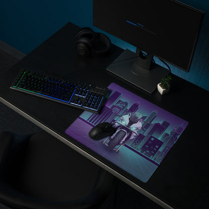 BMW S1000RR Inspired White Teal Vaporwave Gaming Mouse Pad – Neon Purple Cyber City Desk Mat, Futuristic Skyline Sportbike Digital Art