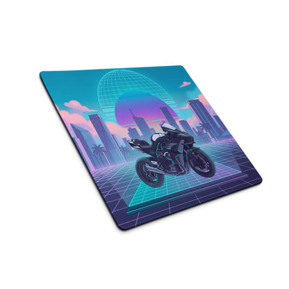 Kawasaki Ninja H2 Inspired Black Teal Vaporwave Gaming Mouse Pad – Neon Pink Retro City Desk Mat, Futuristic Sunset Grid Sportbike Digital Art