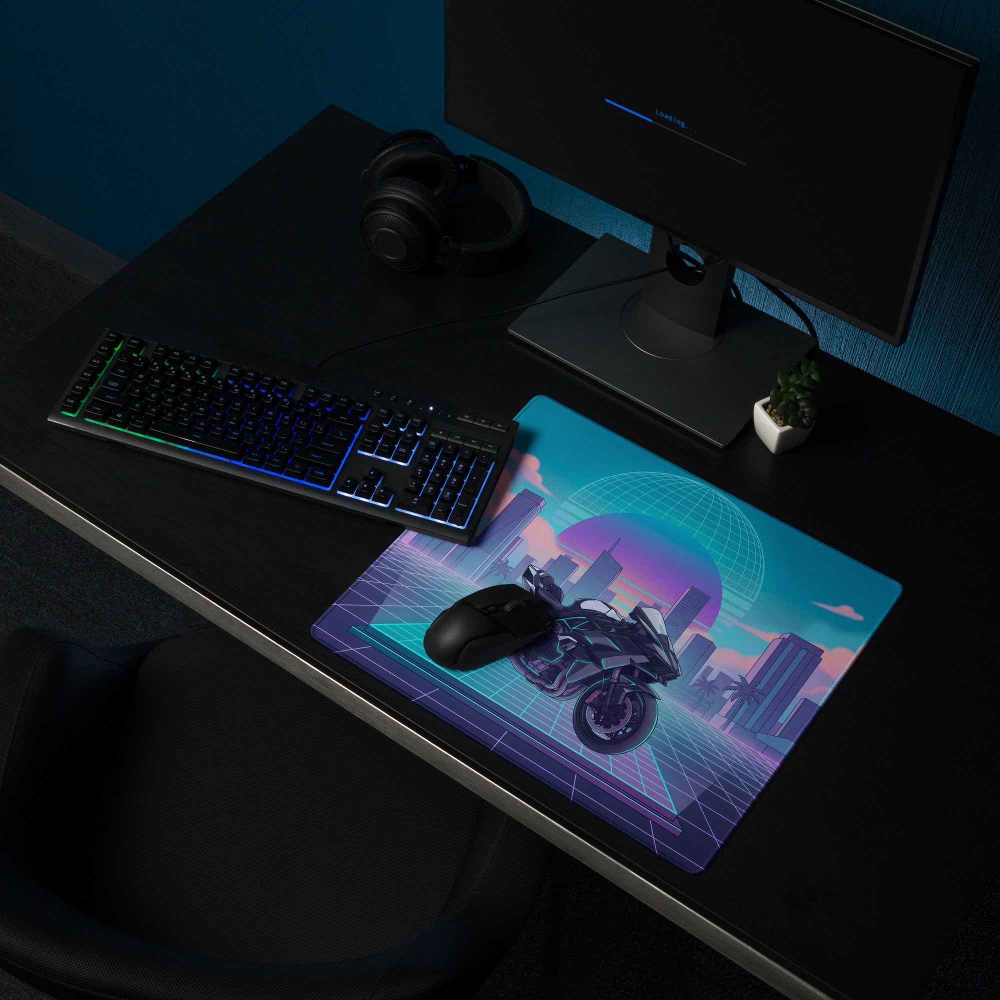 Kawasaki Ninja H2 Inspired Black Teal Vaporwave Gaming Mouse Pad – Neon Pink Retro City Desk Mat, Futuristic Sunset Grid Sportbike Digital Art