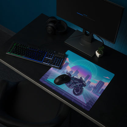 Kawasaki Ninja H2 Inspired Black Teal Vaporwave Gaming Mouse Pad – Neon Pink Retro City Desk Mat, Futuristic Sunset Grid Sportbike Digital Art