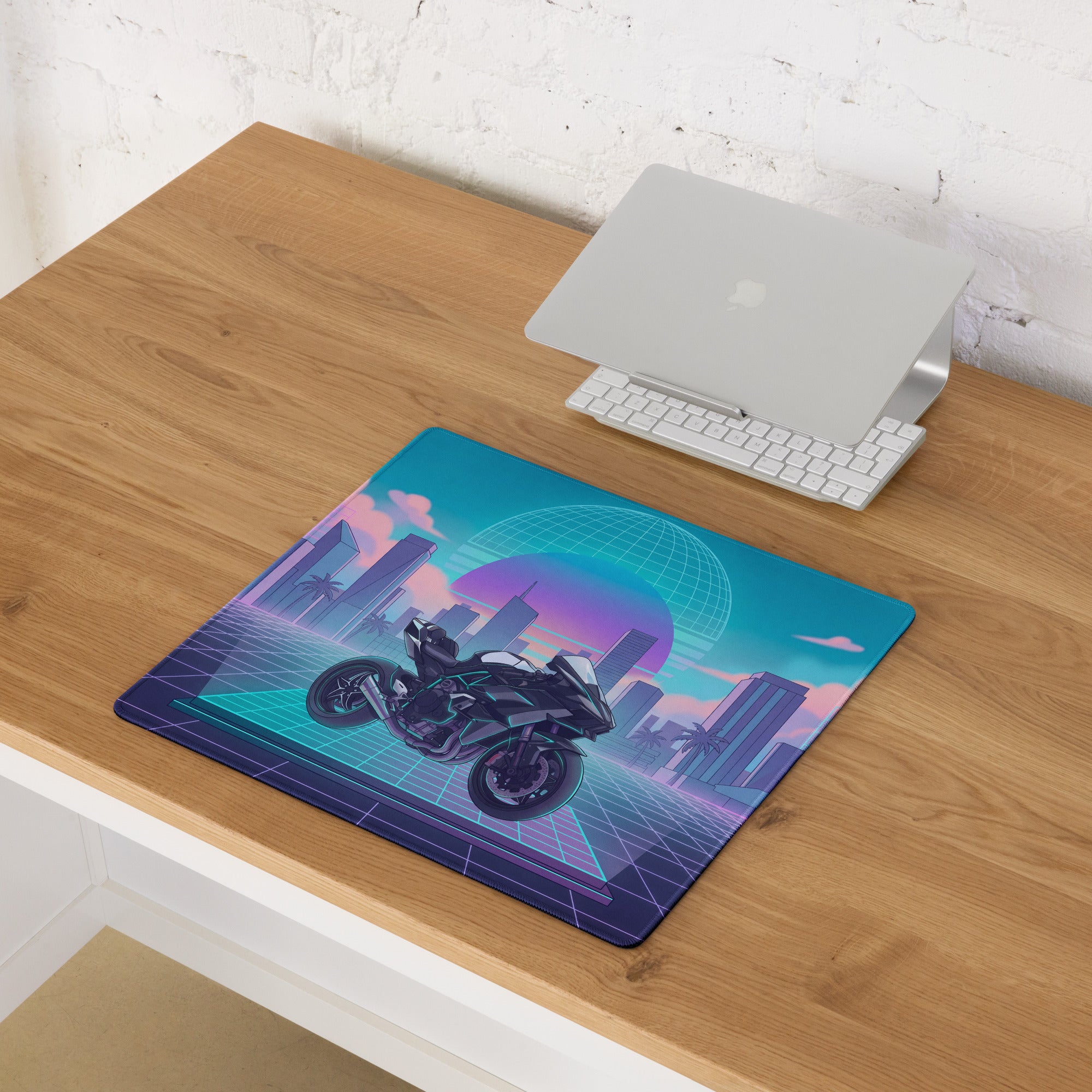 Kawasaki Ninja H2 Inspired Black Teal Vaporwave Gaming Mouse Pad – Neon Pink Retro City Desk Mat, Futuristic Sunset Grid Sportbike Digital Art