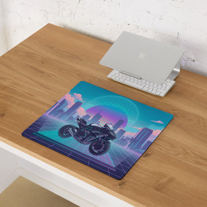 Kawasaki Ninja H2 Inspired Black Teal Vaporwave Gaming Mouse Pad – Neon Pink Retro City Desk Mat, Futuristic Sunset Grid Sportbike Digital Art
