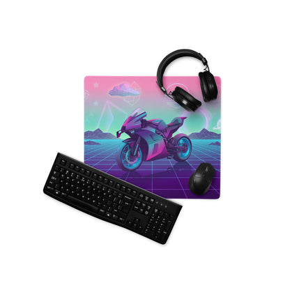 KTM RC 8C Inspired Pink Teal Vaporwave Gaming Mouse Pad – Neon Retro Grid Desk Mat, Dreamy Cosmic Mountain Sportbike Digital Art