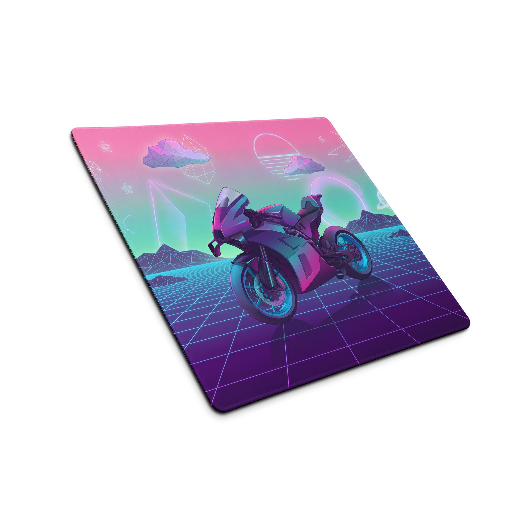 KTM RC 8C Inspired Pink Teal Vaporwave Gaming Mouse Pad – Neon Retro Grid Desk Mat, Dreamy Cosmic Mountain Sportbike Digital Art