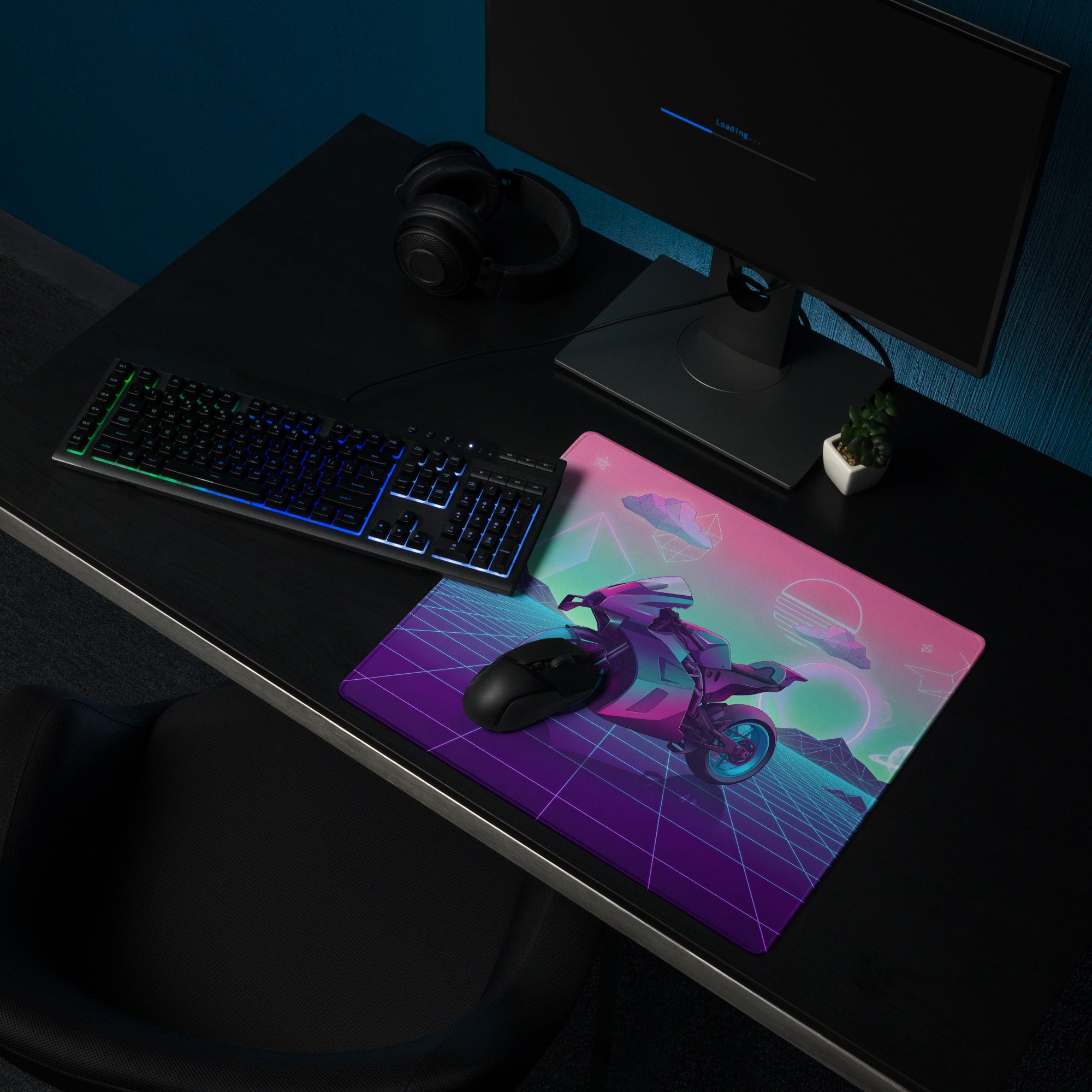 KTM RC 8C Inspired Pink Teal Vaporwave Gaming Mouse Pad – Neon Retro Grid Desk Mat, Dreamy Cosmic Mountain Sportbike Digital Art