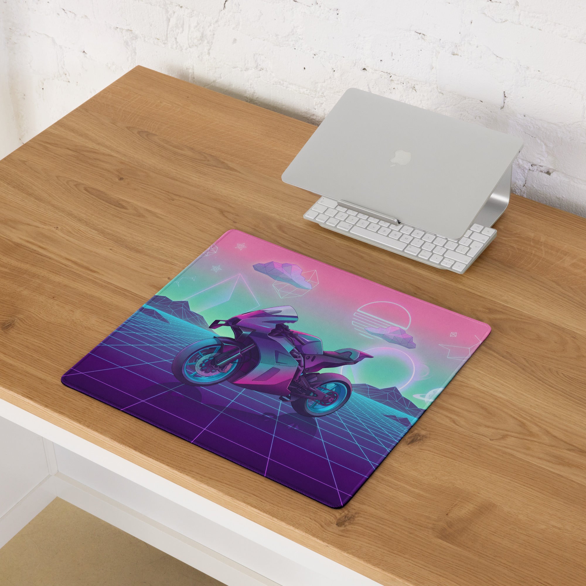 KTM RC 8C Inspired Pink Teal Vaporwave Gaming Mouse Pad – Neon Retro Grid Desk Mat, Dreamy Cosmic Mountain Sportbike Digital Art