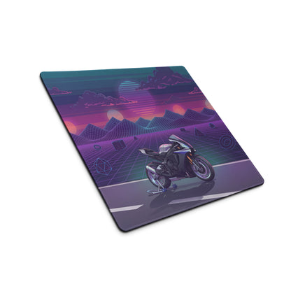 Yamaha YZF-R1M Inspired Silver Purple Vaporwave Gaming Mouse Pad – Neon Sunset Grid Desk Mat, Retro Futuristic Mountain Sportbike Digital Art