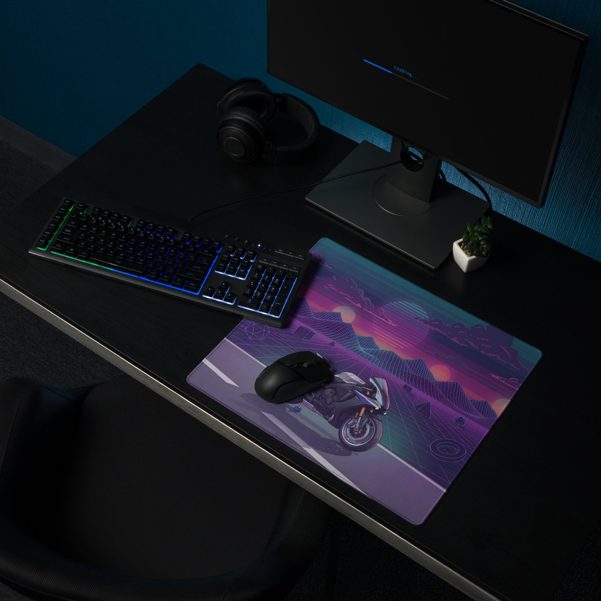 Yamaha YZF-R1M Inspired Silver Purple Vaporwave Gaming Mouse Pad – Neon Sunset Grid Desk Mat, Retro Futuristic Mountain Sportbike Digital Art