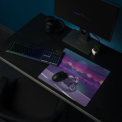 Yamaha YZF-R1M Inspired Silver Purple Vaporwave Gaming Mouse Pad – Neon Sunset Grid Desk Mat, Retro Futuristic Mountain Sportbike Digital Art
