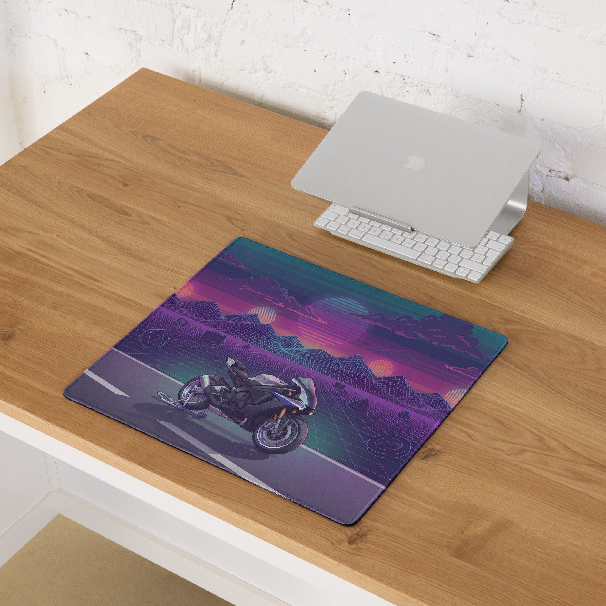 Yamaha YZF-R1M Inspired Silver Purple Vaporwave Gaming Mouse Pad – Neon Sunset Grid Desk Mat, Retro Futuristic Mountain Sportbike Digital Art