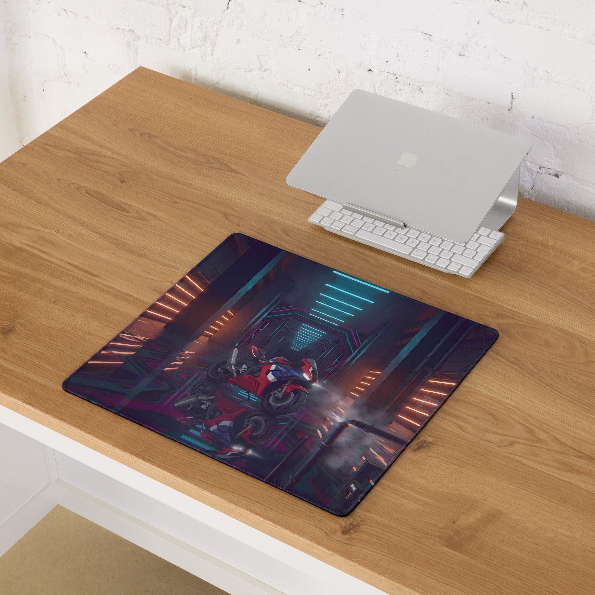 Honda CBR1000RR-R Fireblade Inspired Red Blue Vaporwave Gaming Mouse Pad – Neon Cyber Garage Desk Mat, Moody Futuristic Sportbike Digital Art