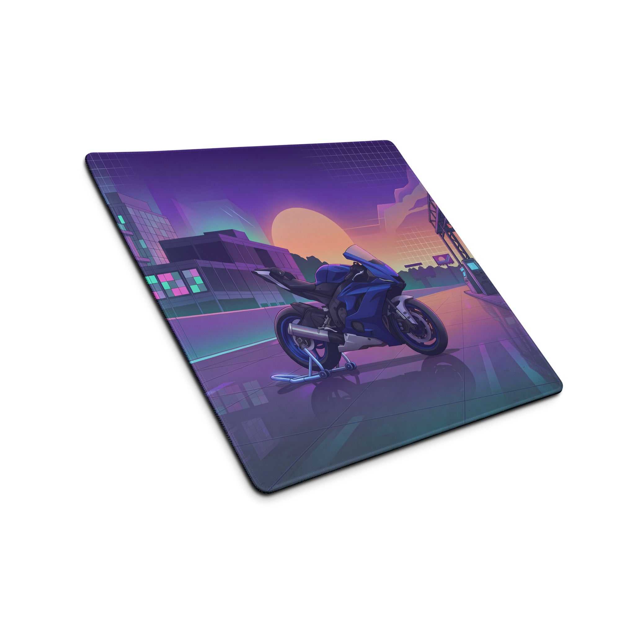 Yamaha R6 Inspired Blue Purple Vaporwave Gaming Mouse Pad – Neon Sunset City Desk Mat, Retro Futuristic Sportbike Digital Art