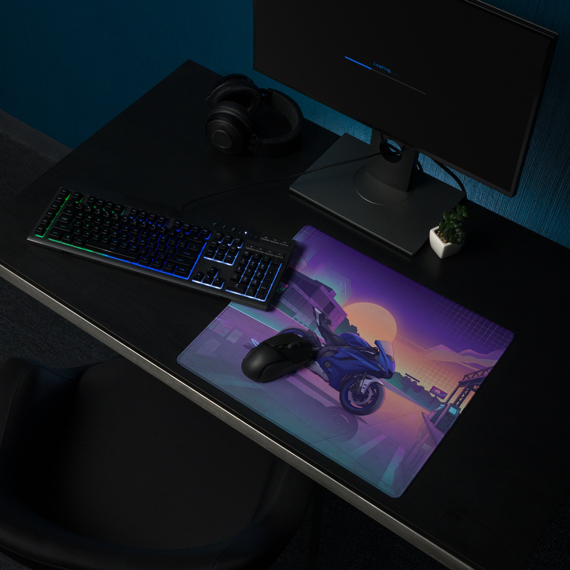 Yamaha R6 Inspired Blue Purple Vaporwave Gaming Mouse Pad – Neon Sunset City Desk Mat, Retro Futuristic Sportbike Digital Art