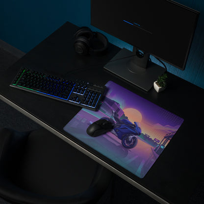 Yamaha R6 Inspired Blue Purple Vaporwave Gaming Mouse Pad – Neon Sunset City Desk Mat, Retro Futuristic Sportbike Digital Art