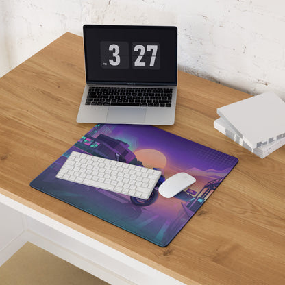 Yamaha R6 Inspired Blue Purple Vaporwave Gaming Mouse Pad – Neon Sunset City Desk Mat, Retro Futuristic Sportbike Digital Art