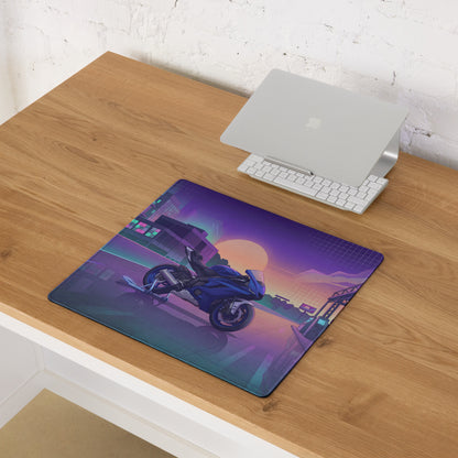 Yamaha R6 Inspired Blue Purple Vaporwave Gaming Mouse Pad – Neon Sunset City Desk Mat, Retro Futuristic Sportbike Digital Art