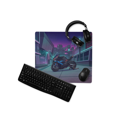 BMW M1000RR Inspired Black Blue Vaporwave Gaming Mouse Pad – Neon Cyber City Desk Mat, Futuristic Palm Tree Sportbike Digital Art