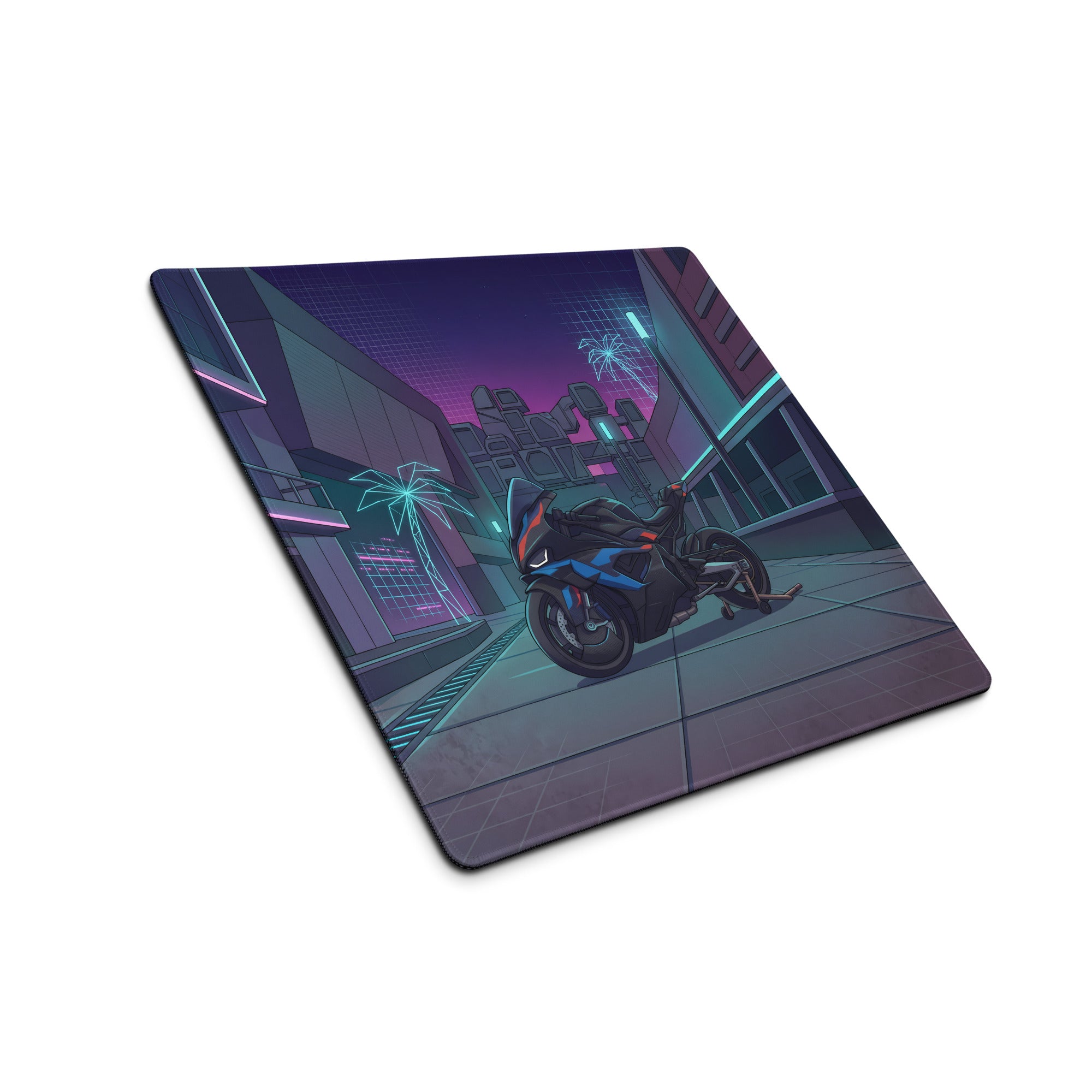 BMW M1000RR Inspired Black Blue Vaporwave Gaming Mouse Pad – Neon Cyber City Desk Mat, Futuristic Palm Tree Sportbike Digital Art