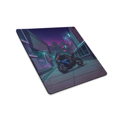 BMW M1000RR Inspired Black Blue Vaporwave Gaming Mouse Pad – Neon Cyber City Desk Mat, Futuristic Palm Tree Sportbike Digital Art