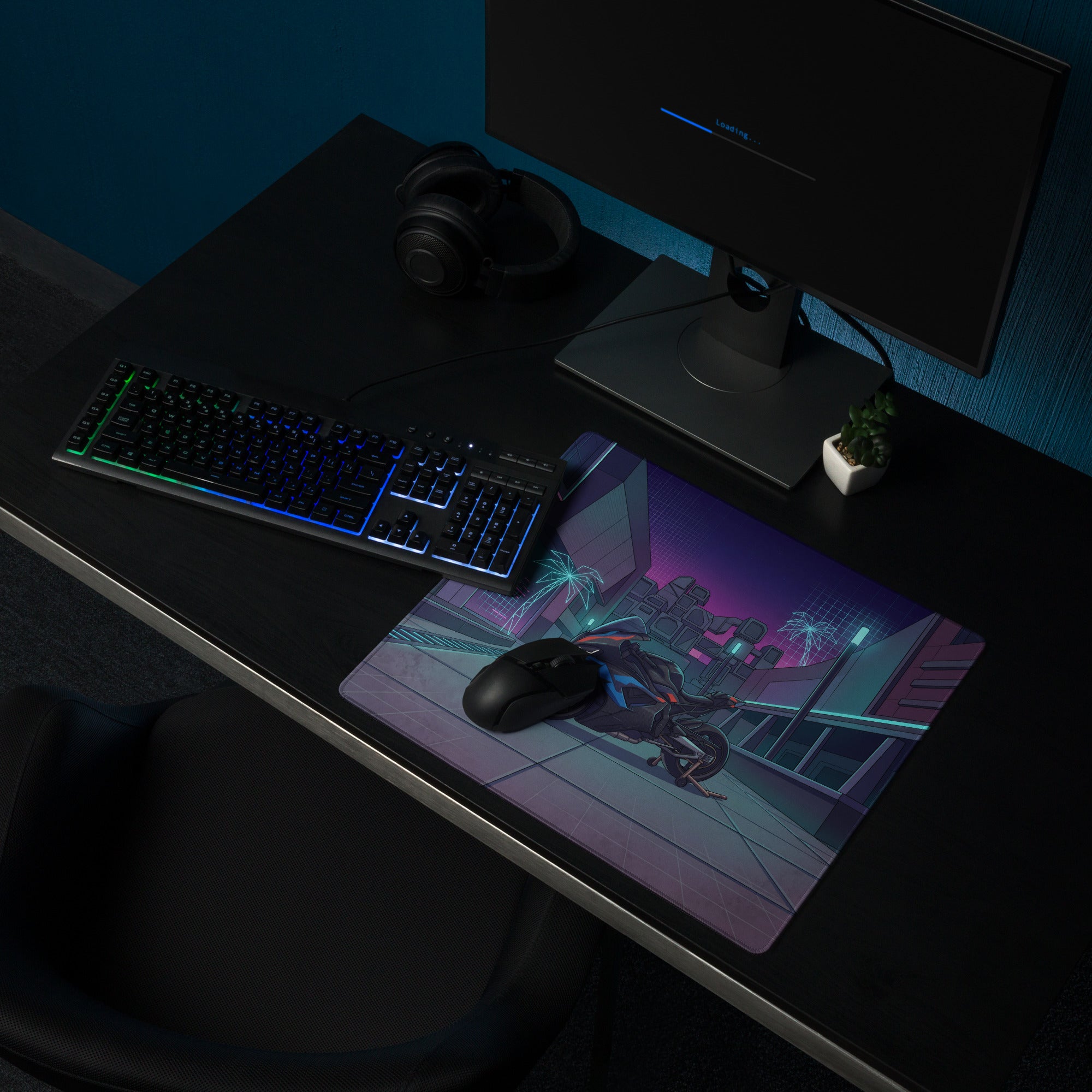 BMW M1000RR Inspired Black Blue Vaporwave Gaming Mouse Pad – Neon Cyber City Desk Mat, Futuristic Palm Tree Sportbike Digital Art