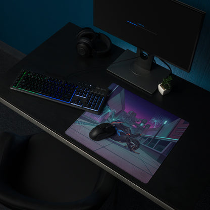 BMW M1000RR Inspired Black Blue Vaporwave Gaming Mouse Pad – Neon Cyber City Desk Mat, Futuristic Palm Tree Sportbike Digital Art
