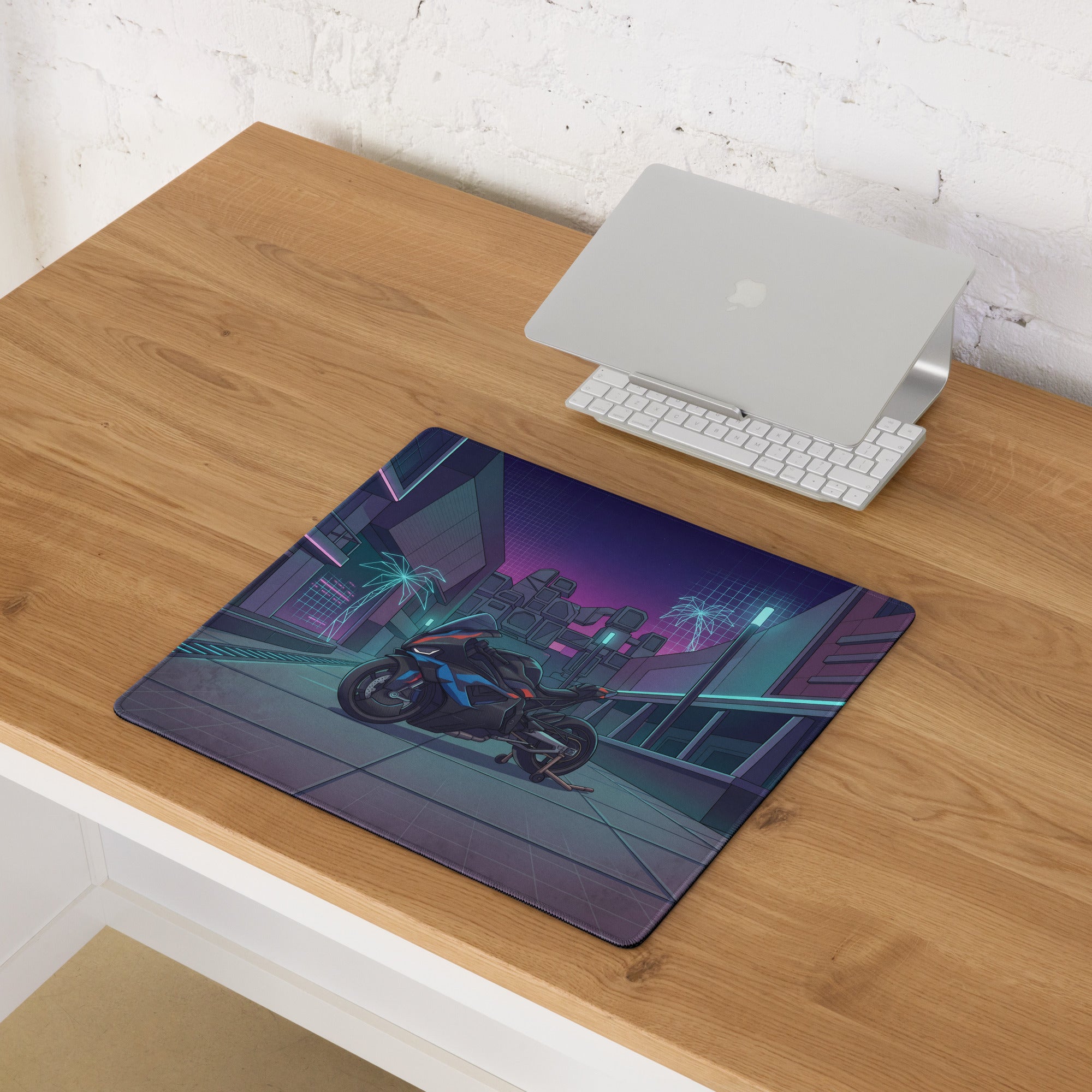 BMW M1000RR Inspired Black Blue Vaporwave Gaming Mouse Pad – Neon Cyber City Desk Mat, Futuristic Palm Tree Sportbike Digital Art