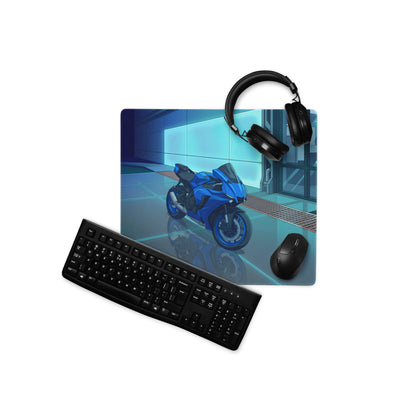 Yamaha R1 Inspired Blue Cyan Vaporwave Gaming Mouse Pad – Neon Futuristic Garage Desk Mat, Moody Reflective Sportbike Digital Art