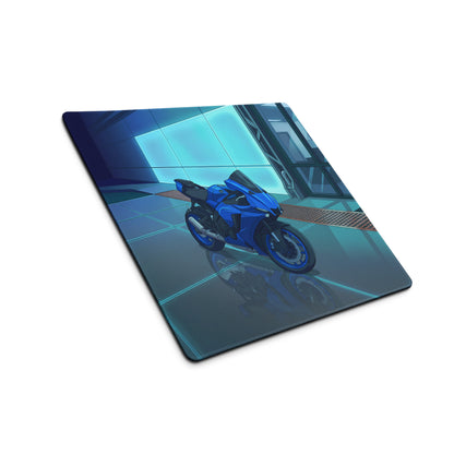 Yamaha R1 Inspired Blue Cyan Vaporwave Gaming Mouse Pad – Neon Futuristic Garage Desk Mat, Moody Reflective Sportbike Digital Art