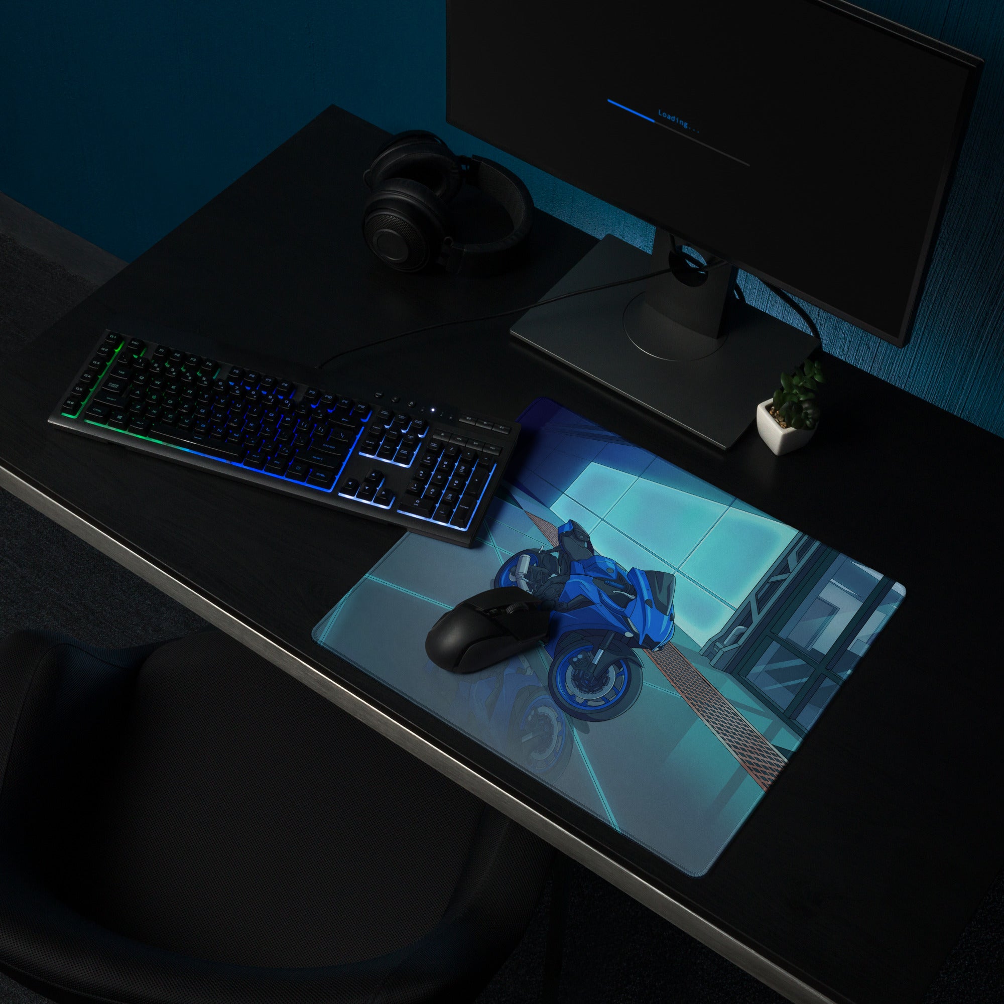 Yamaha R1 Inspired Blue Cyan Vaporwave Gaming Mouse Pad – Neon Futuristic Garage Desk Mat, Moody Reflective Sportbike Digital Art