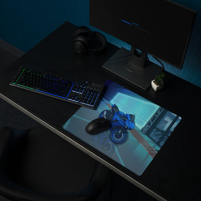 Yamaha R1 Inspired Blue Cyan Vaporwave Gaming Mouse Pad – Neon Futuristic Garage Desk Mat, Moody Reflective Sportbike Digital Art