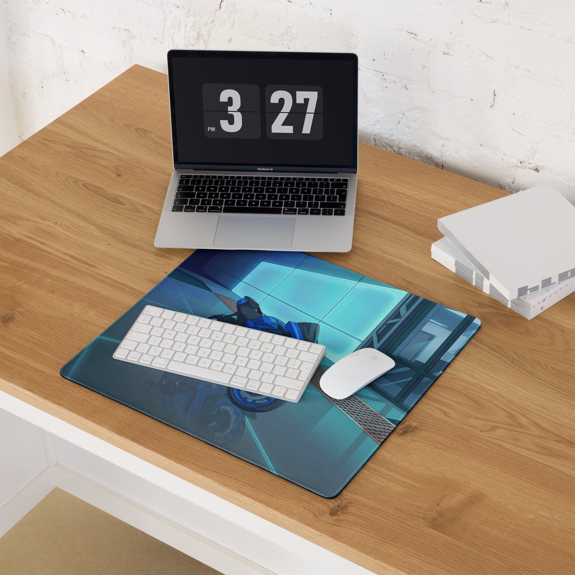 Yamaha R1 Inspired Blue Cyan Vaporwave Gaming Mouse Pad – Neon Futuristic Garage Desk Mat, Moody Reflective Sportbike Digital Art