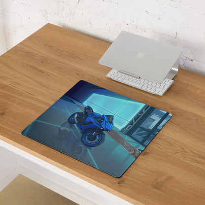 Yamaha R1 Inspired Blue Cyan Vaporwave Gaming Mouse Pad – Neon Futuristic Garage Desk Mat, Moody Reflective Sportbike Digital Art