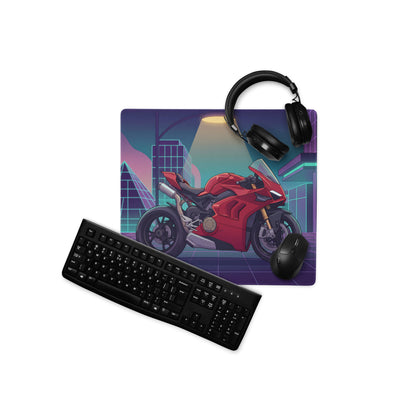 Ducati Panigale V4 Inspired Red Purple Vaporwave Gaming Mouse Pad – Neon Cyber City Desk Mat, Retro Futuristic Pyramid Sportbike Digital Art