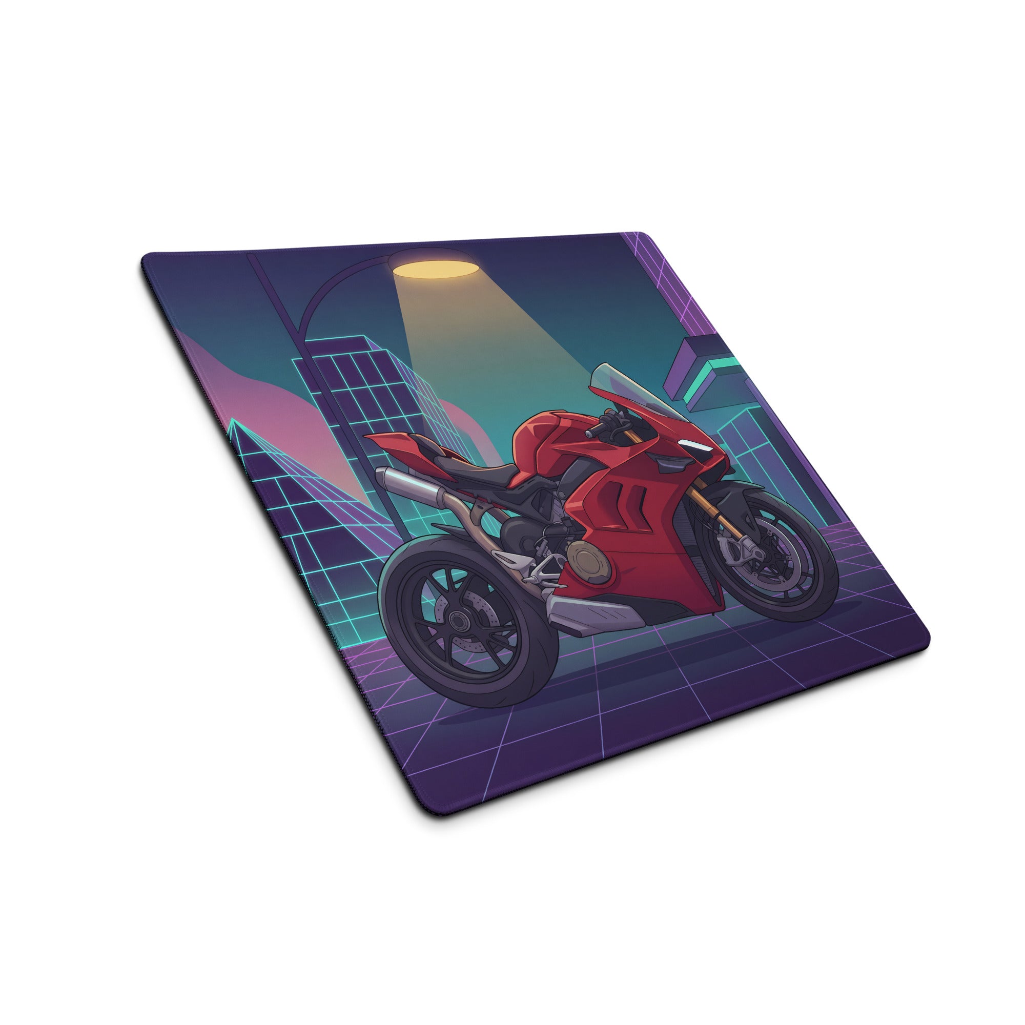 Ducati Panigale V4 Inspired Red Purple Vaporwave Gaming Mouse Pad – Neon Cyber City Desk Mat, Retro Futuristic Pyramid Sportbike Digital Art