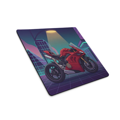 Ducati Panigale V4 Inspired Red Purple Vaporwave Gaming Mouse Pad – Neon Cyber City Desk Mat, Retro Futuristic Pyramid Sportbike Digital Art