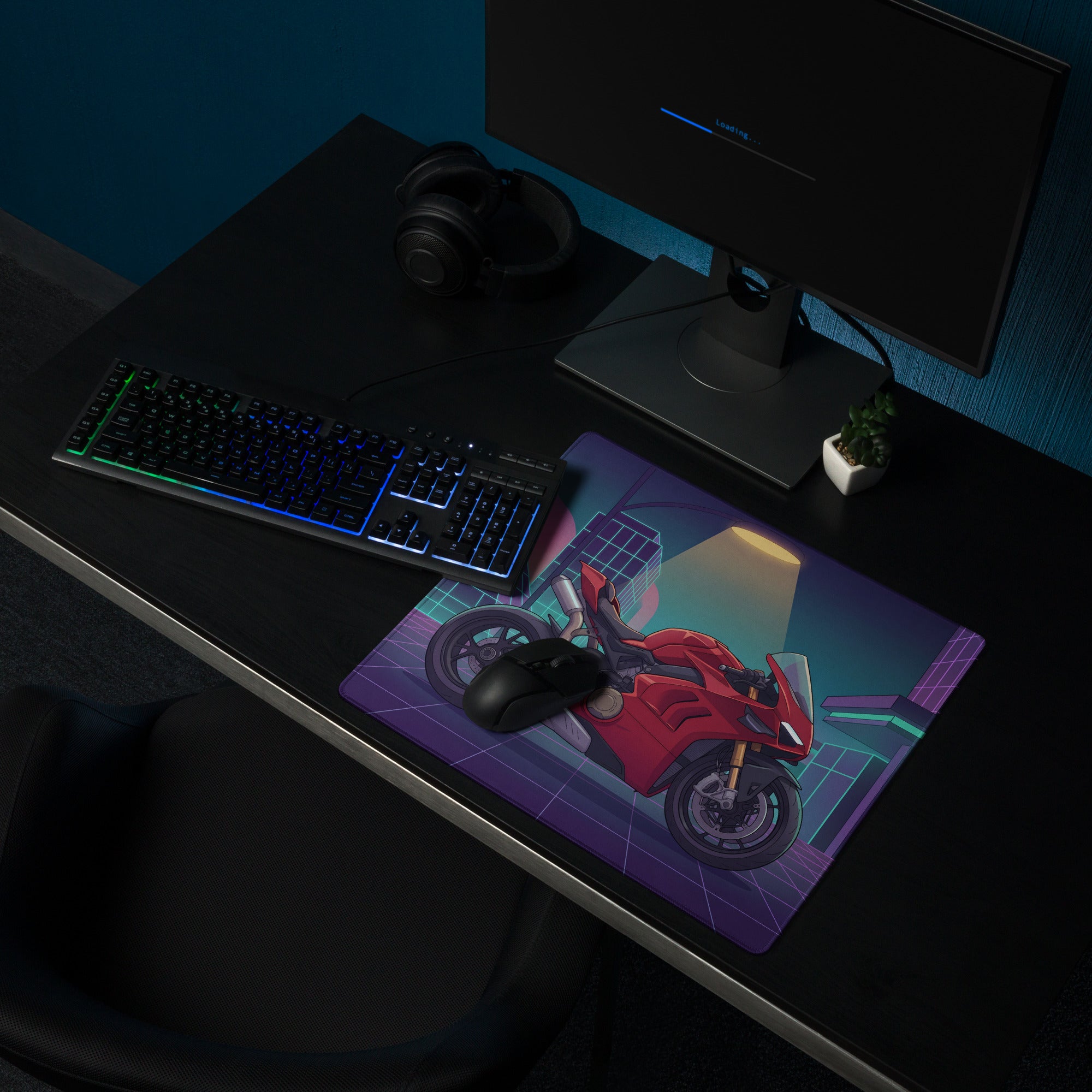 Ducati Panigale V4 Inspired Red Purple Vaporwave Gaming Mouse Pad – Neon Cyber City Desk Mat, Retro Futuristic Pyramid Sportbike Digital Art