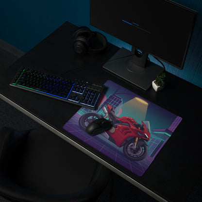 Ducati Panigale V4 Inspired Red Purple Vaporwave Gaming Mouse Pad – Neon Cyber City Desk Mat, Retro Futuristic Pyramid Sportbike Digital Art