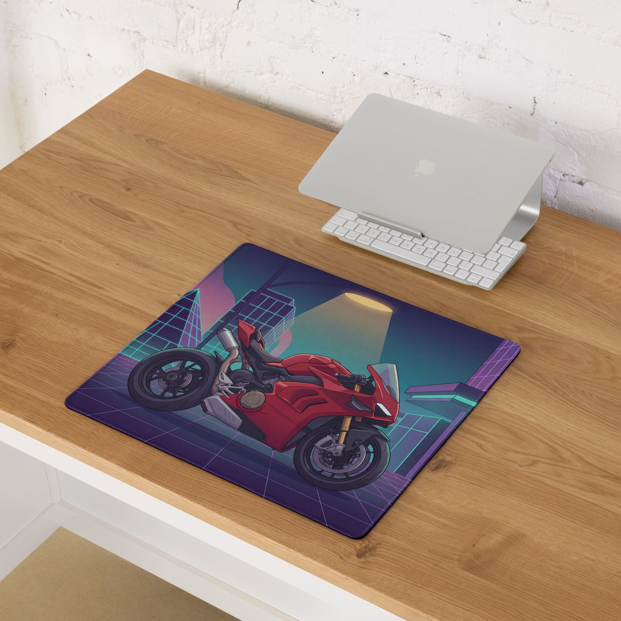 Ducati Panigale V4 Inspired Red Purple Vaporwave Gaming Mouse Pad – Neon Cyber City Desk Mat, Retro Futuristic Pyramid Sportbike Digital Art