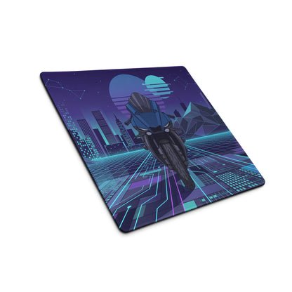 Yamaha R1 Inspired Blue Purple Vaporwave Gaming Mouse Pad – Neon Cyber City Desk Mat, Retro Futuristic Synthwave Sportbike Vector Art, 80s Aesthetic Gamer Desk Decor