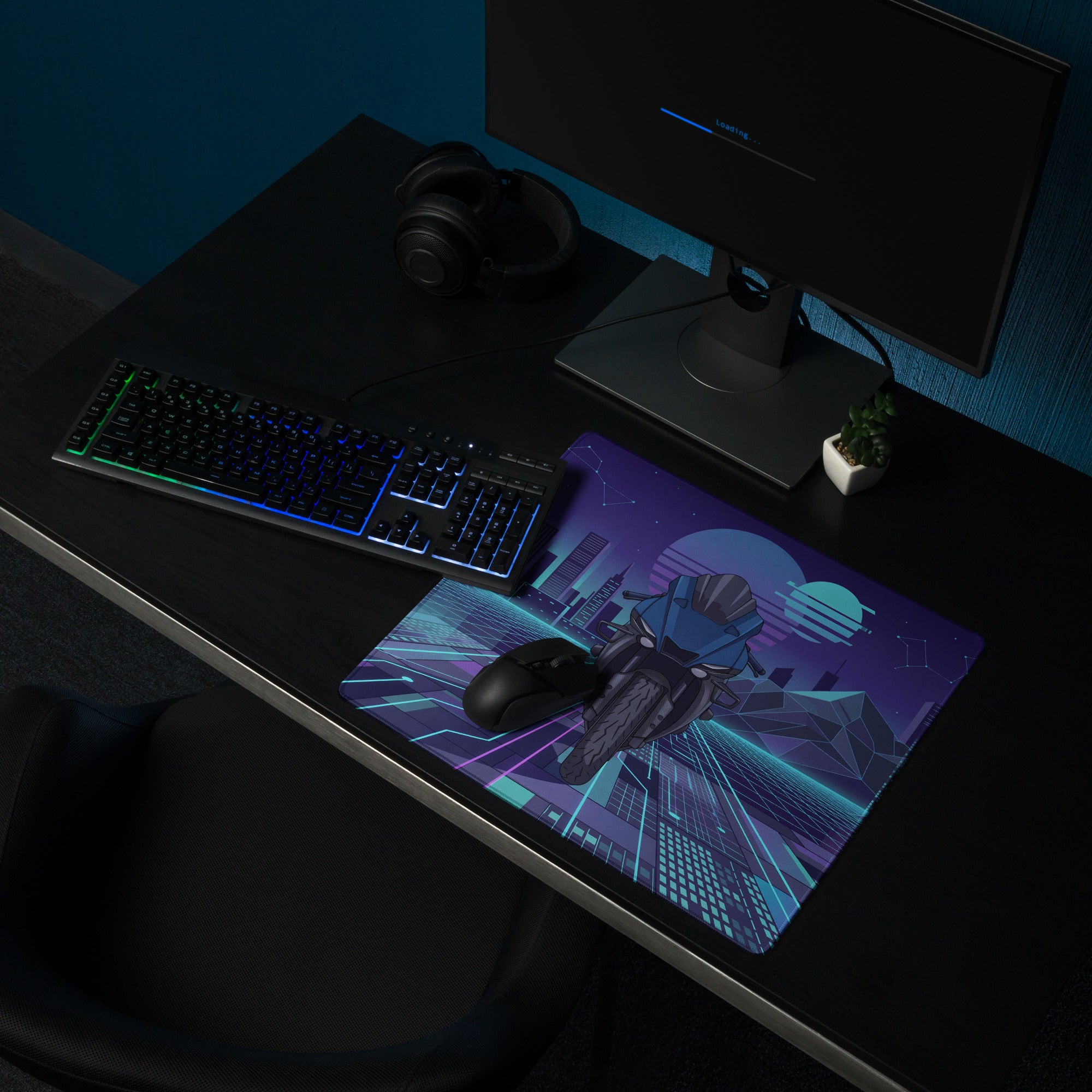 Yamaha R1 Inspired Blue Purple Vaporwave Gaming Mouse Pad – Neon Cyber City Desk Mat, Retro Futuristic Synthwave Sportbike Vector Art, 80s Aesthetic Gamer Desk Decor