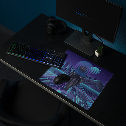 Yamaha R1 Inspired Blue Purple Vaporwave Gaming Mouse Pad – Neon Cyber City Desk Mat, Retro Futuristic Synthwave Sportbike Vector Art, 80s Aesthetic Gamer Desk Decor
