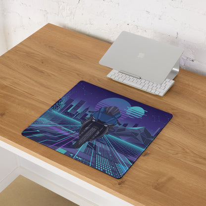 Yamaha R1 Inspired Blue Purple Vaporwave Gaming Mouse Pad – Neon Cyber City Desk Mat, Retro Futuristic Synthwave Sportbike Vector Art, 80s Aesthetic Gamer Desk Decor