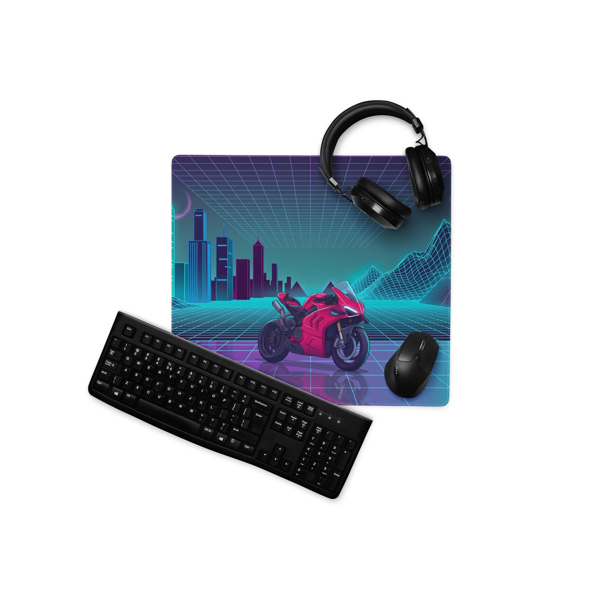 Ducati Panigale V4S Inspired Red Cyan Vaporwave Gaming Mouse Pad – Neon Grid City Desk Mat, Retro Futuristic Synthwave Sportbike Vector Art