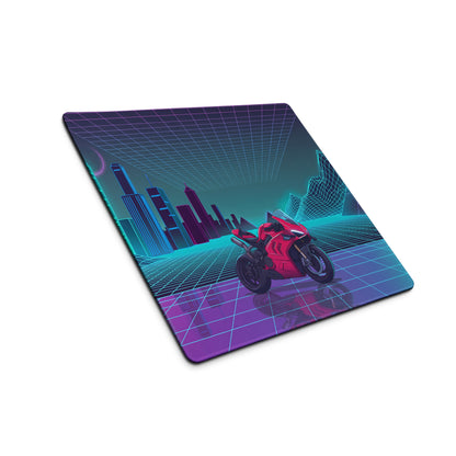 Ducati Panigale V4S Inspired Red Cyan Vaporwave Gaming Mouse Pad – Neon Grid City Desk Mat, Retro Futuristic Synthwave Sportbike Vector Art