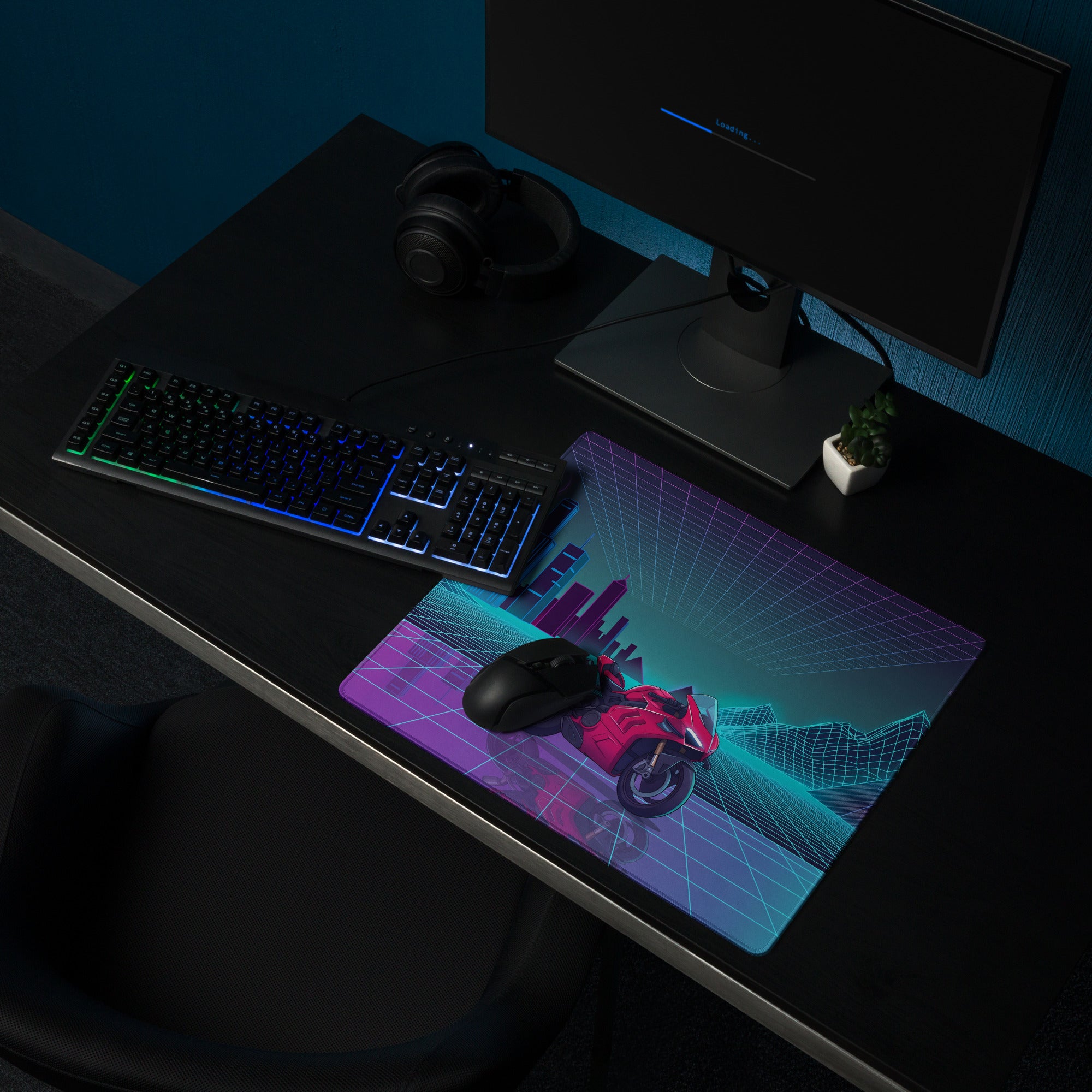 Ducati Panigale V4S Inspired Red Cyan Vaporwave Gaming Mouse Pad – Neon Grid City Desk Mat, Retro Futuristic Synthwave Sportbike Vector Art