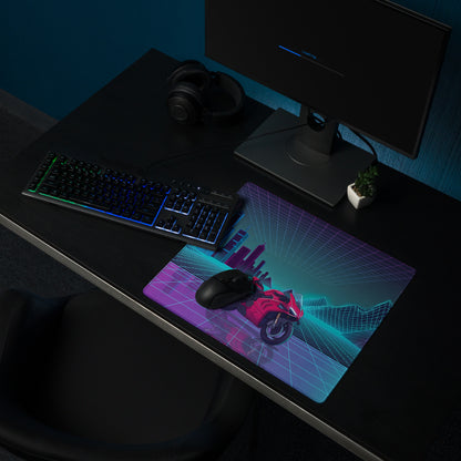 Ducati Panigale V4S Inspired Red Cyan Vaporwave Gaming Mouse Pad – Neon Grid City Desk Mat, Retro Futuristic Synthwave Sportbike Vector Art