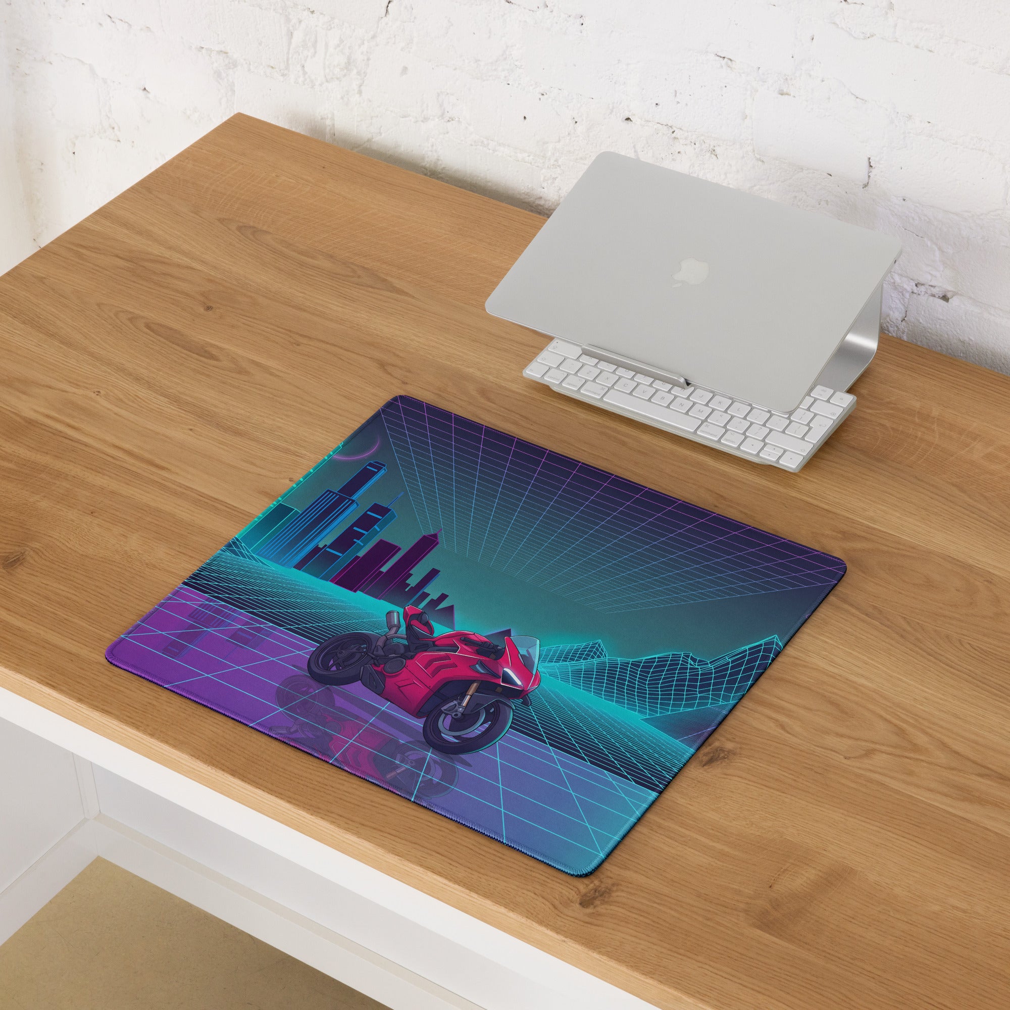 Ducati Panigale V4S Inspired Red Cyan Vaporwave Gaming Mouse Pad – Neon Grid City Desk Mat, Retro Futuristic Synthwave Sportbike Vector Art